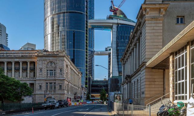 An almost complete Queens Wharf shot from 130 Williams Street on a sunny day.