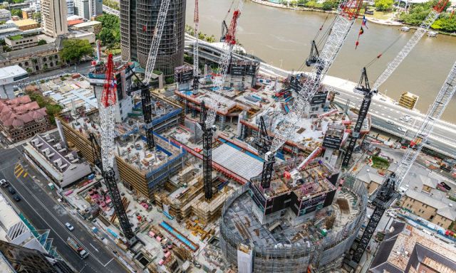 The early stages of Queens Wharf's construction shot from above.
