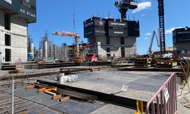 The Queens Wharf construction site for towers 2 and 3 via Williams Street