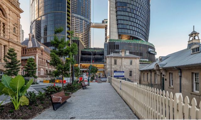 An almost complete Queens Wharf shot from 130 Williams Street on a sunny day.