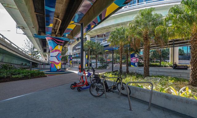 The completed Waterline Park with e-scooters and bikes.